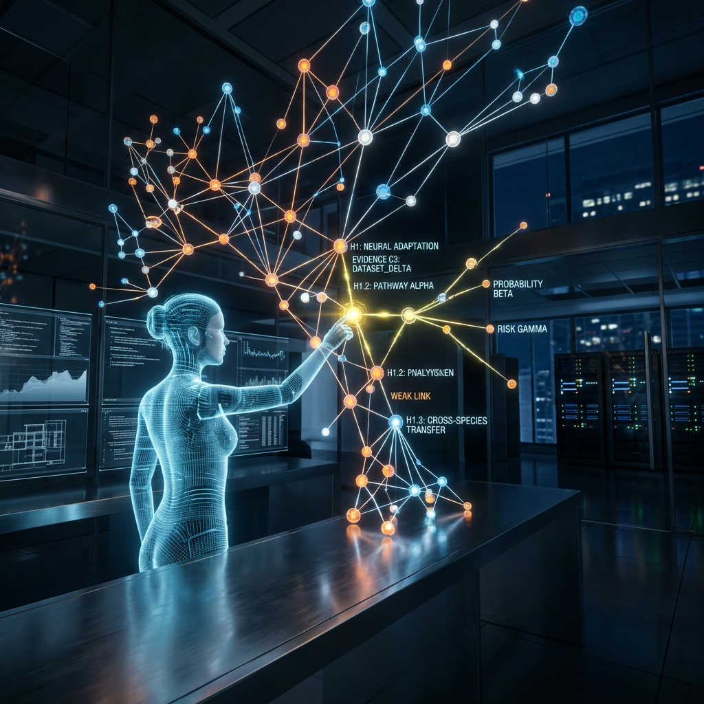 Digital human figure examining holographic neural network with labeled nodes and connections