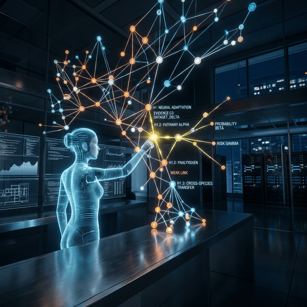 Digital human figure examining holographic neural network with labeled nodes and connections